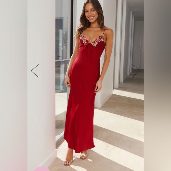 molly Red 3D Petal Ruffled rhinestone embellished Maxi Dress